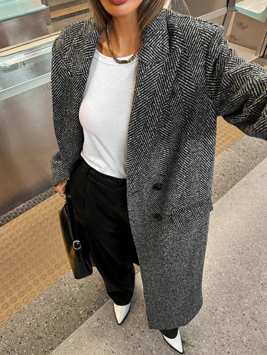 Cleo Herringbone Oversized Notch Lapel Longline Overcoat - view 5