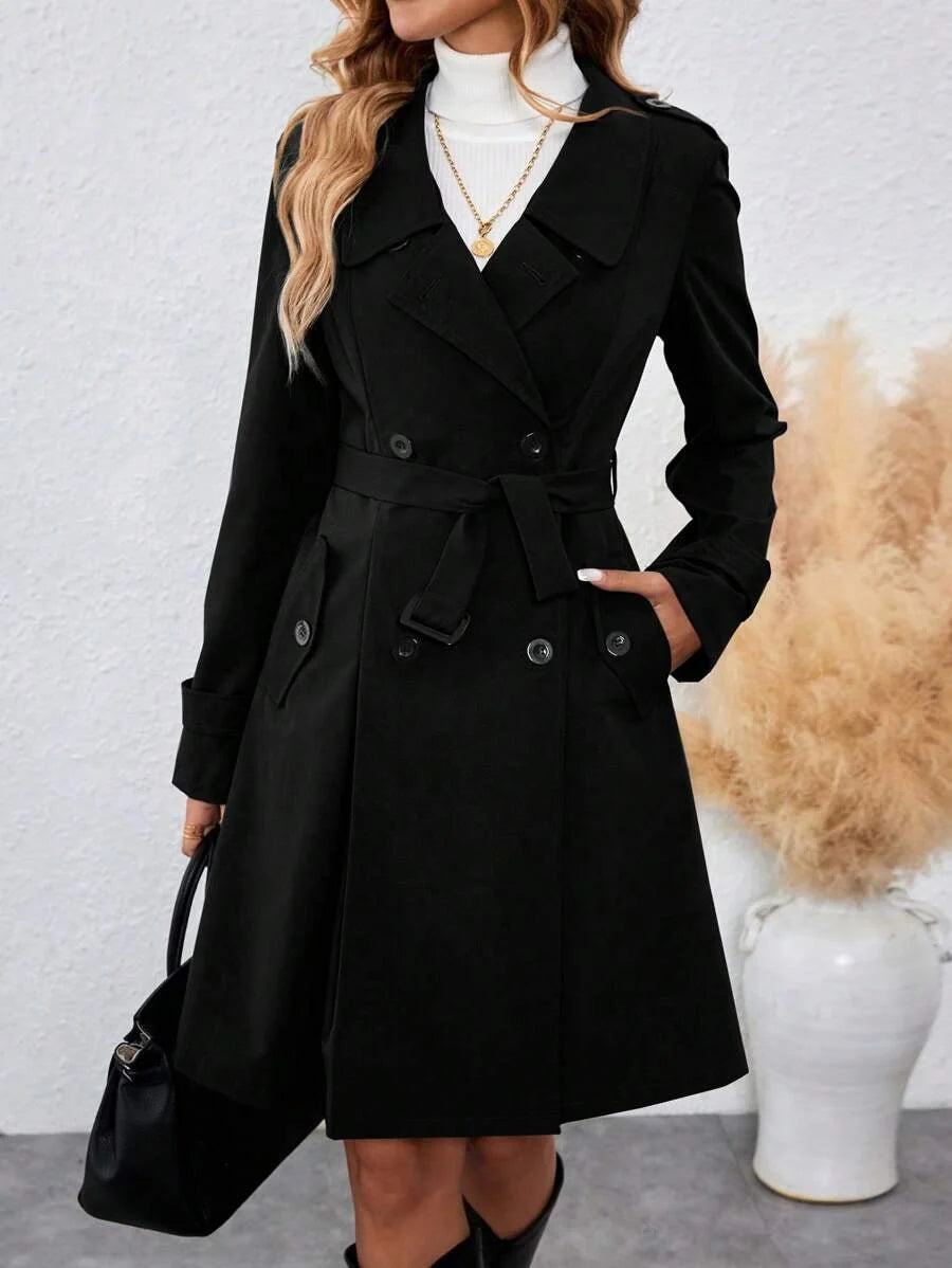 Hazel Belted Double Breasted Collared Trench Coat - front view