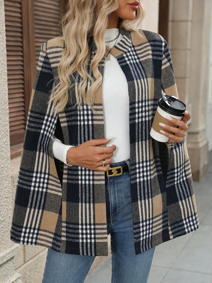 Bea Plaid Stand Collar Collared Longline Overcoat - front view