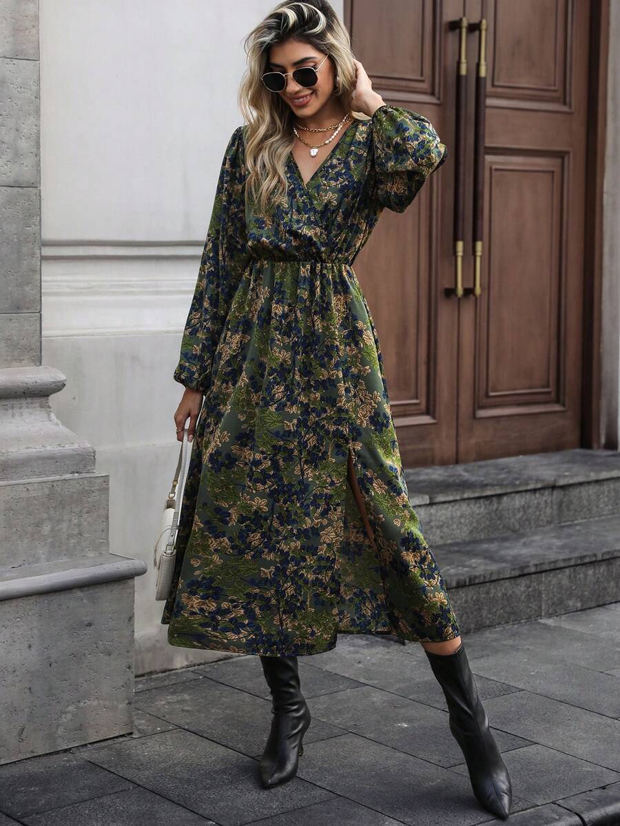 Victoria V Neck Balloon Sleeve Wrap Dress - front view