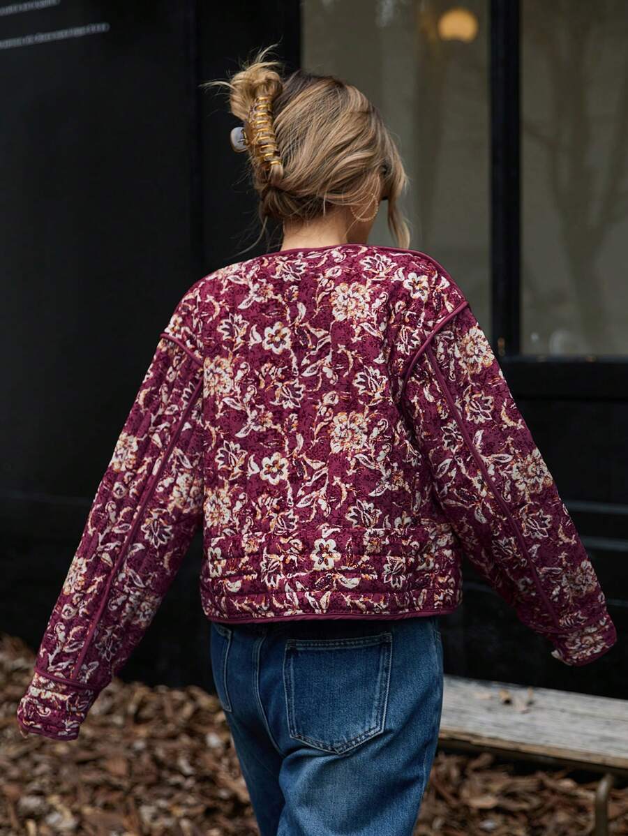 Rose Quilted Contrast Panel Floral Print Jacket - view 7