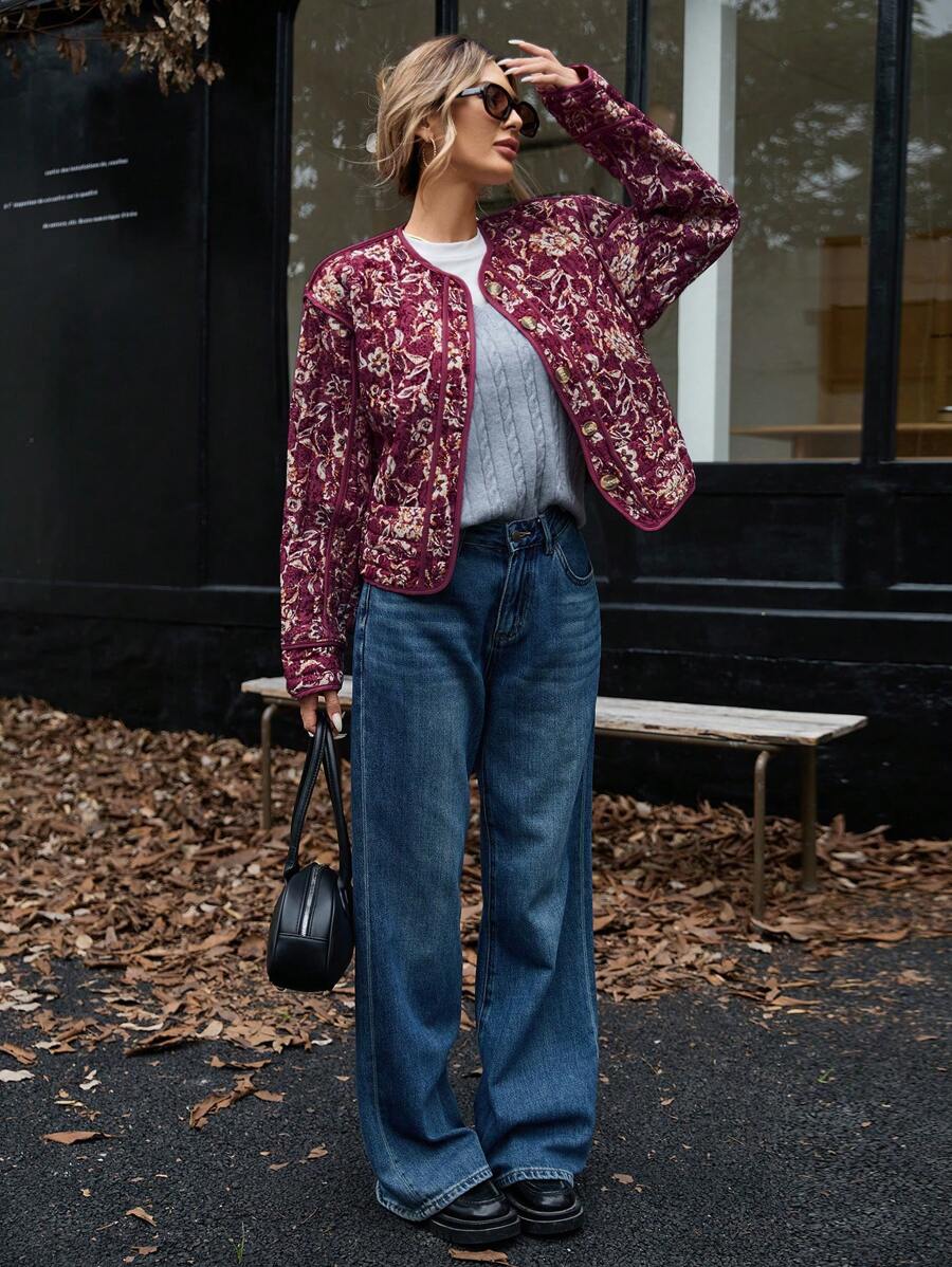 Rose Quilted Contrast Panel Floral Print Jacket - view 8