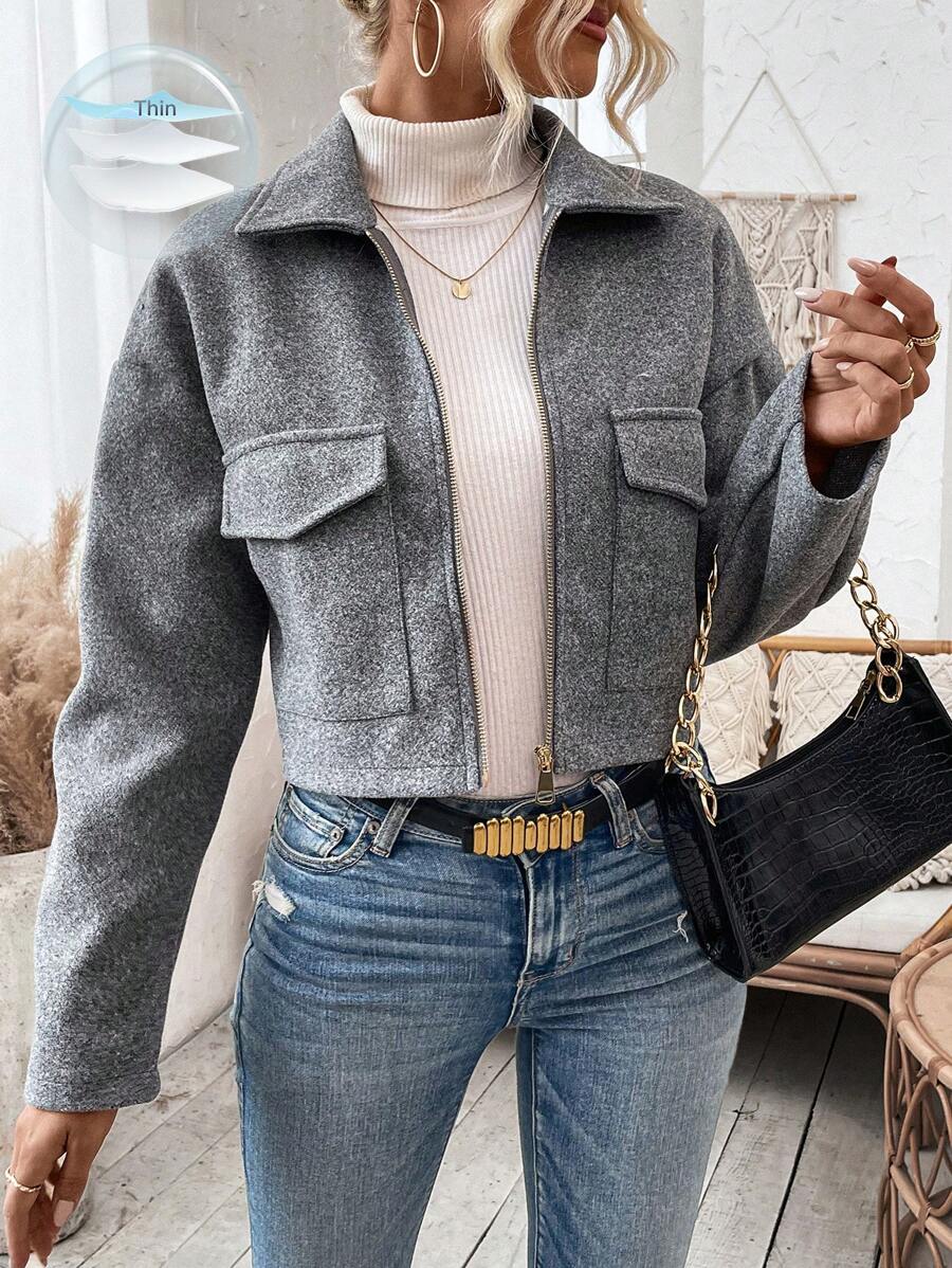 Marguerite Zip Front Collared Patch Pocket Jacket - front view