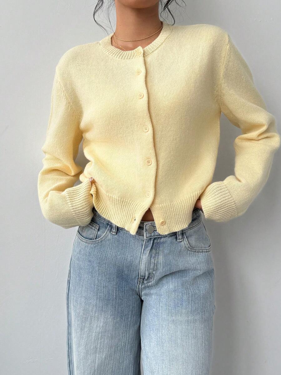 Aurora | Crew Neck Button-Front Cropped Knit Cardigan
