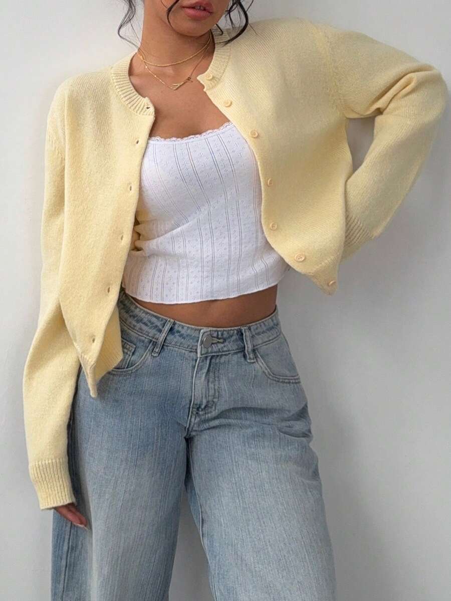 Aurora | Crew Neck Button-Front Cropped Knit Cardigan