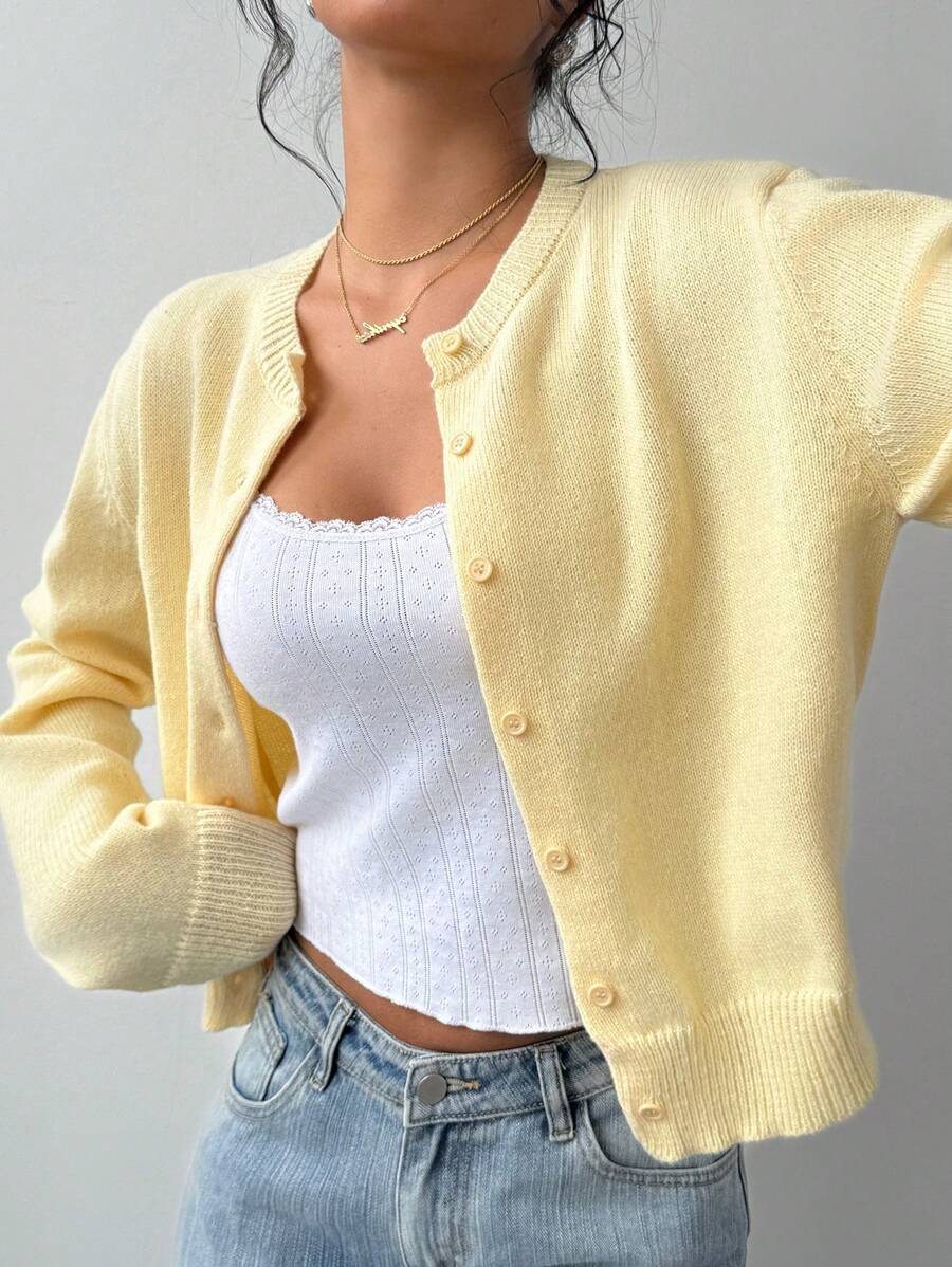 Aurora | Crew Neck Button-Front Cropped Knit Cardigan