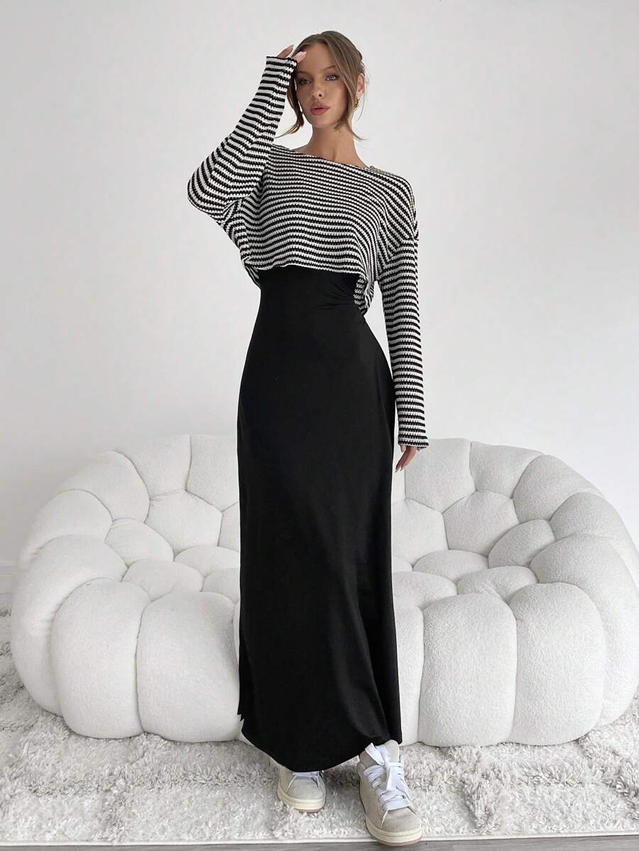 Noor Striped Boat Neck Two Piece Set - front view