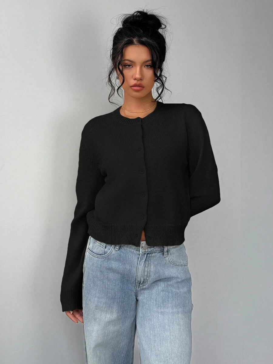 Aurora | Crew Neck Button-Front Cropped Knit Cardigan