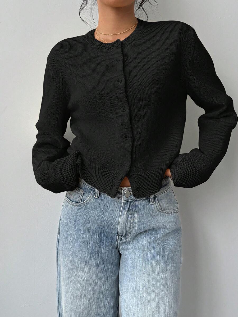 Aurora | Crew Neck Button-Front Cropped Knit Cardigan