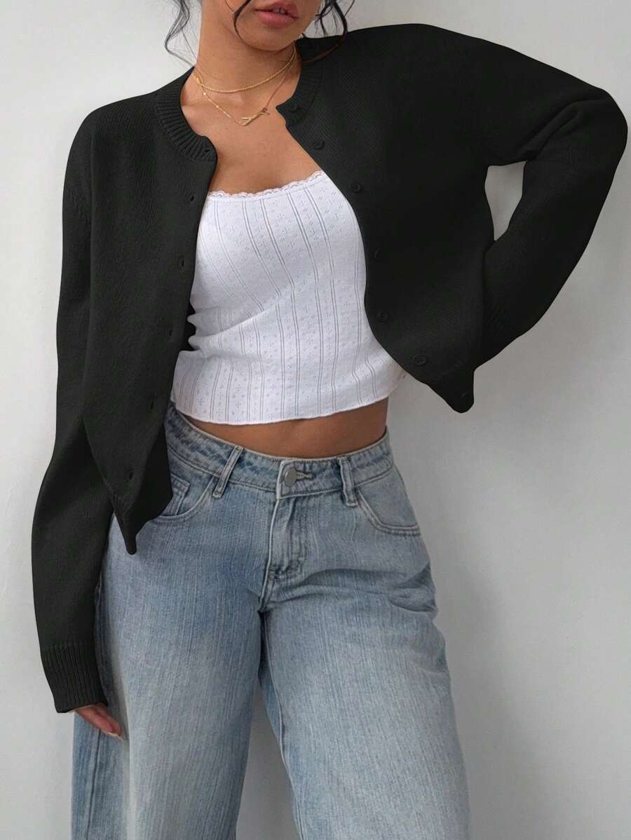Aurora | Crew Neck Button-Front Cropped Knit Cardigan