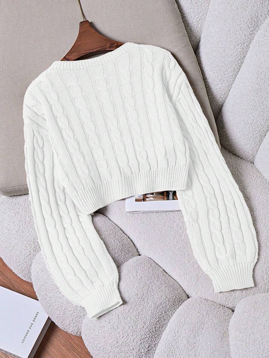 Vera Cable Knit Cropped Round Neck Sweater - front view