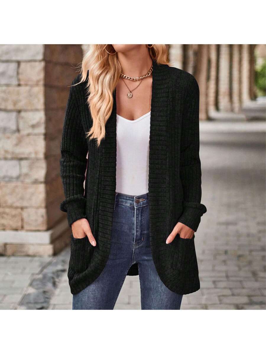 Sanne Ribbed Open Front Patch Pocket Cardigan - front view