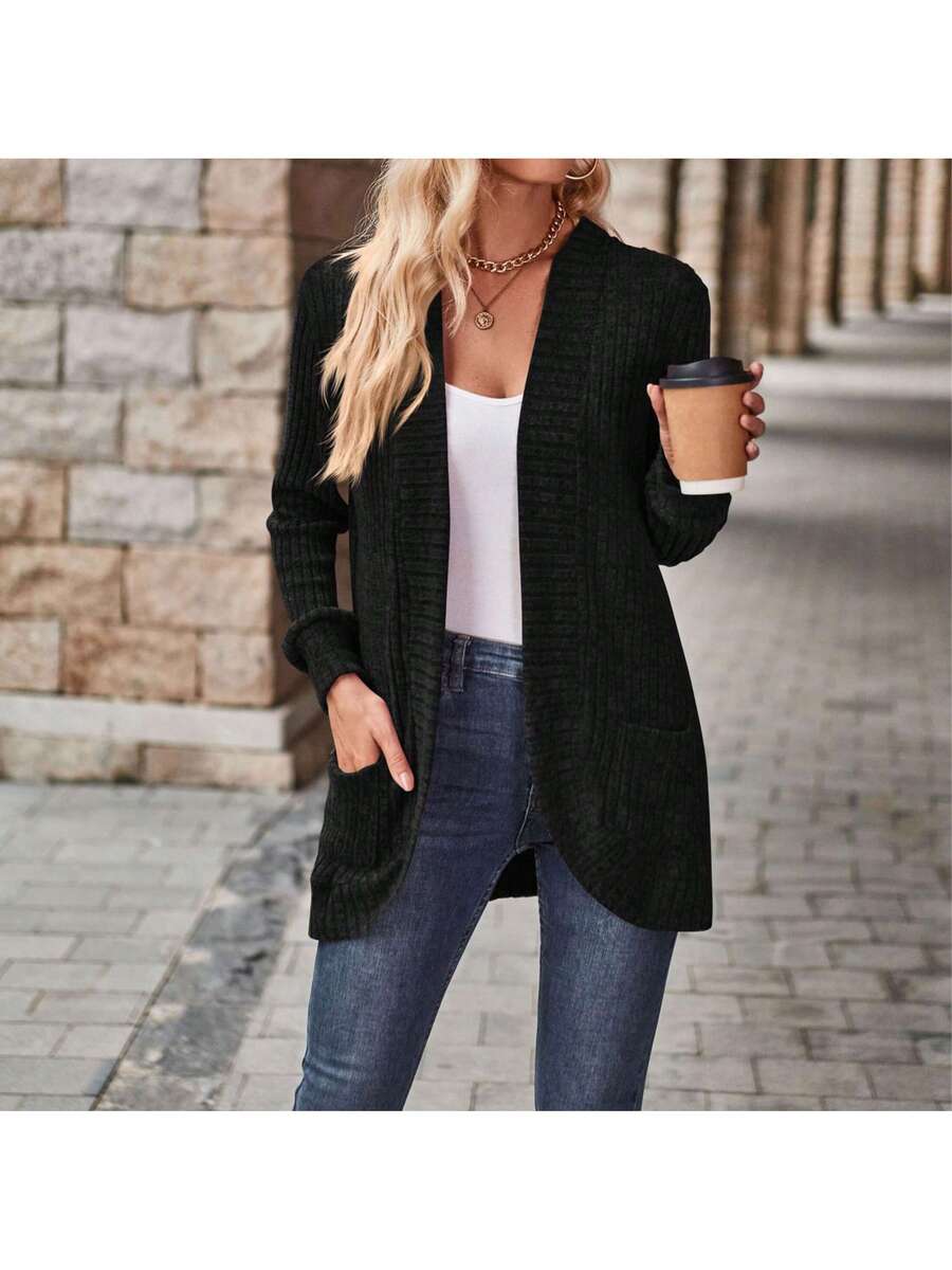 Sanne Ribbed Open Front Patch Pocket Cardigan - view 4
