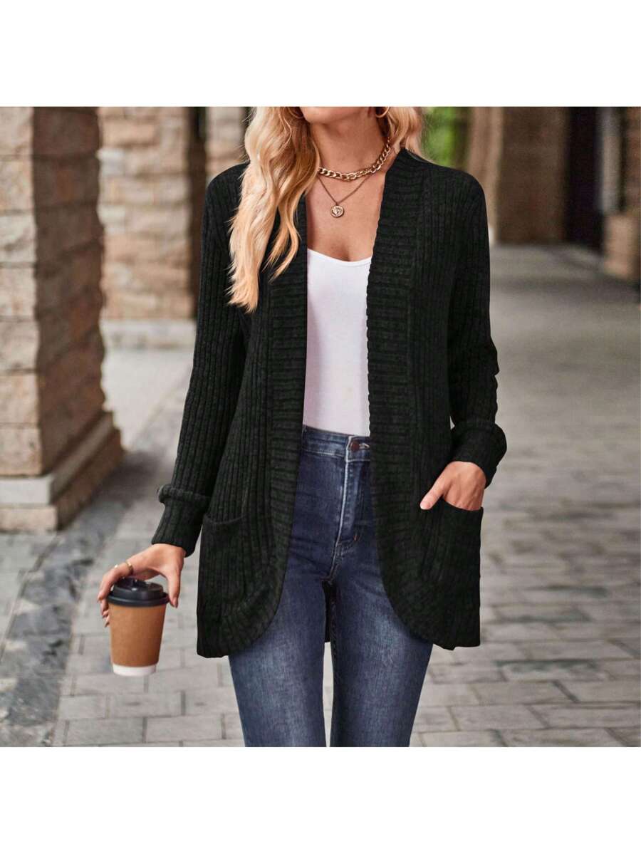 Sanne Ribbed Open Front Patch Pocket Cardigan - view 3