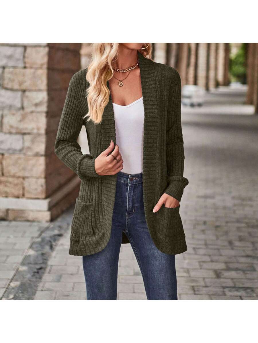Sanne Ribbed Open Front Patch Pocket Cardigan - view 9