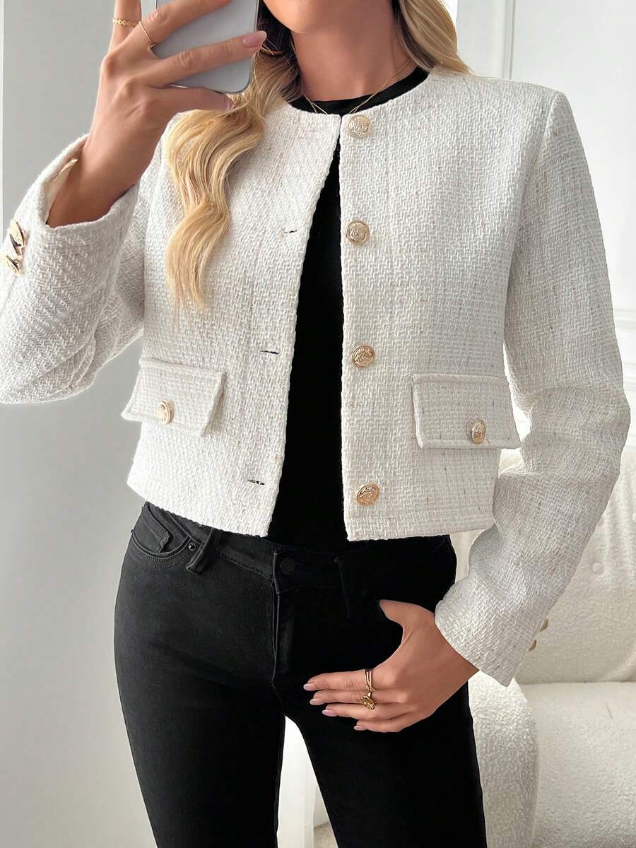 Isabella Cropped Button Front Round Neck Blazer - view 6