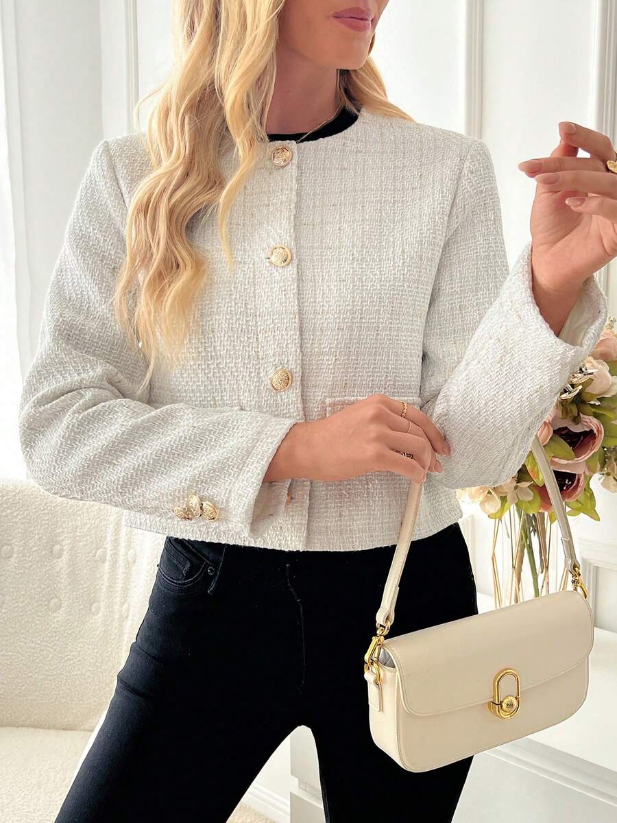 Isabella Cropped Button Front Round Neck Blazer - view 2