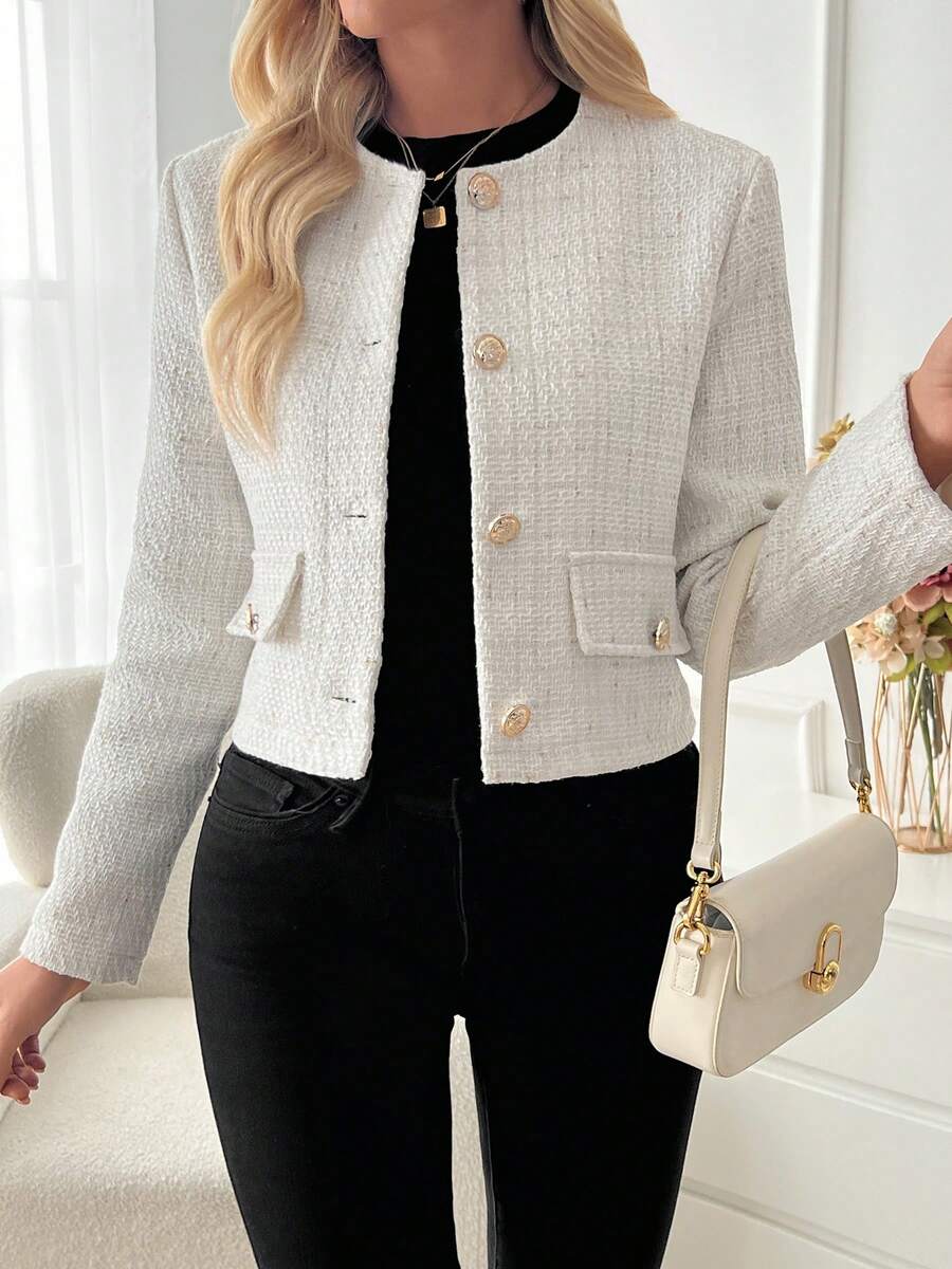 Isabella Cropped Button Front Round Neck Blazer - front view