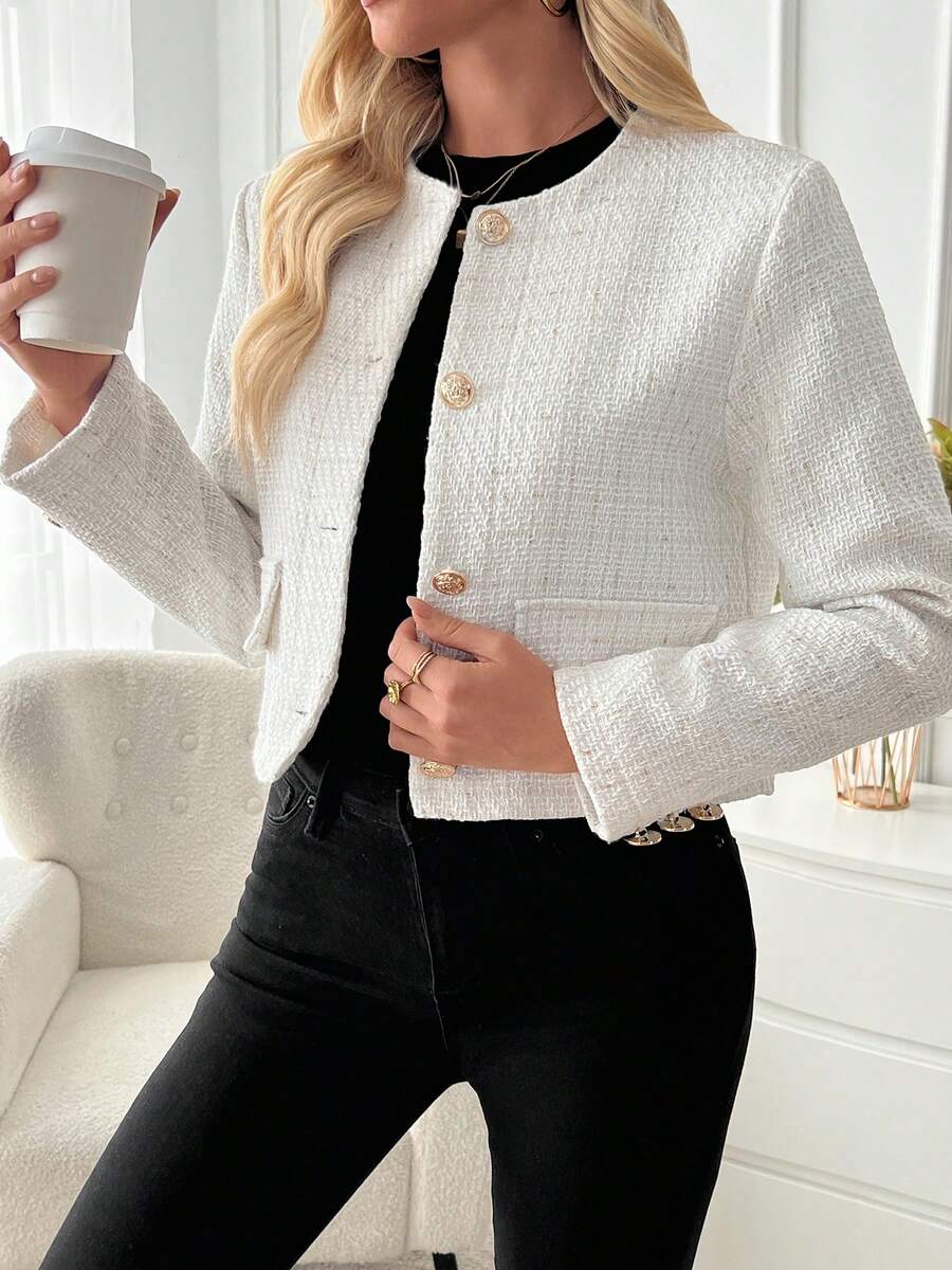 Isabella Cropped Button Front Round Neck Blazer - view 5
