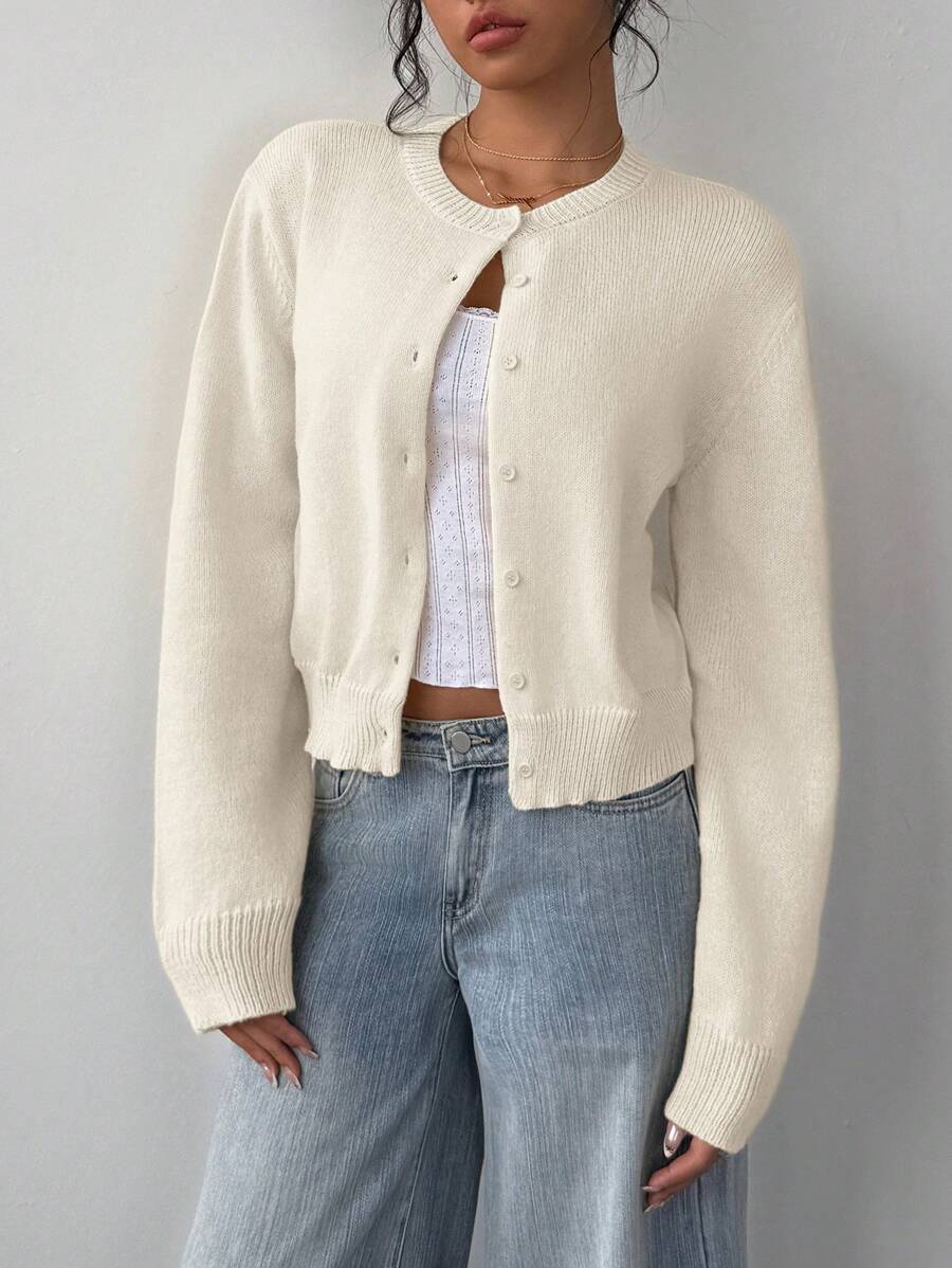 Aurora | Crew Neck Button-Front Cropped Knit Cardigan