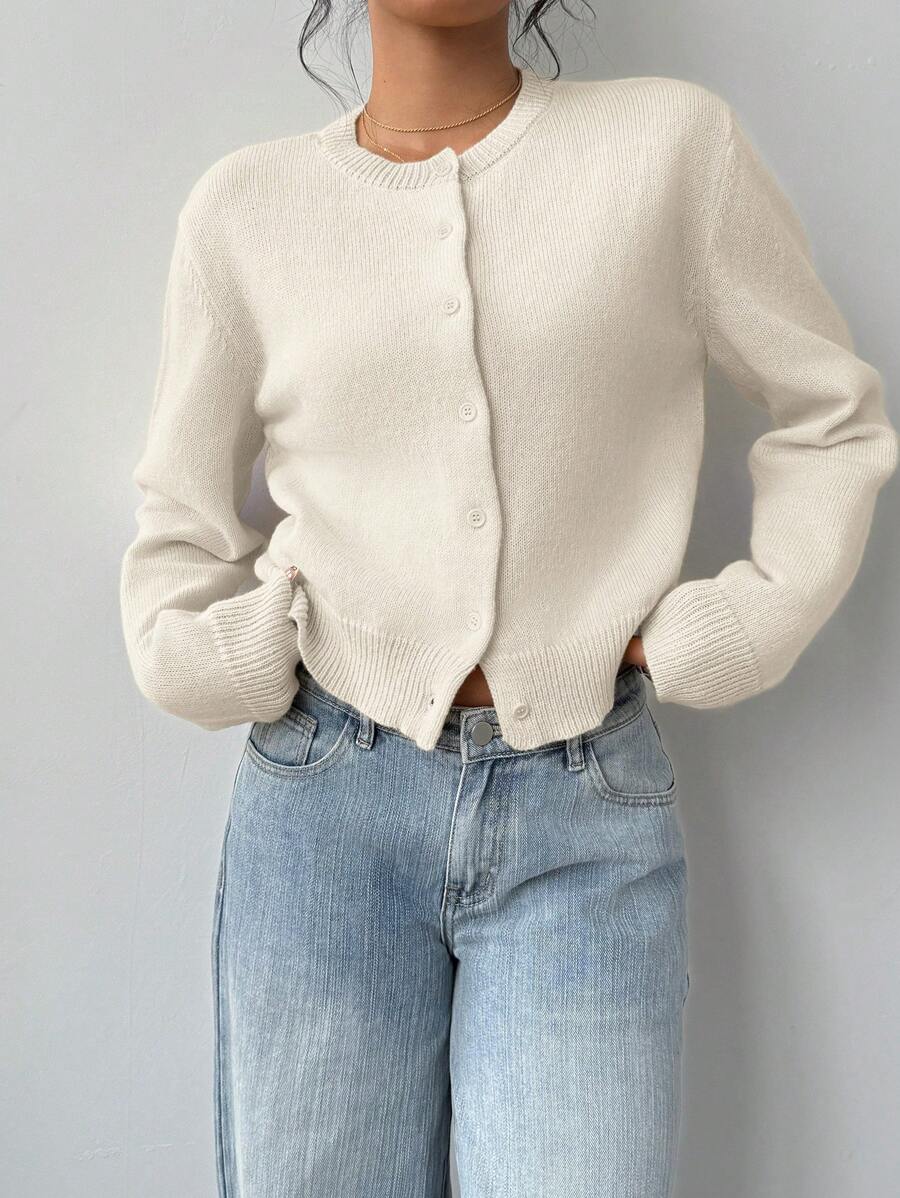 Aurora | Crew Neck Button-Front Cropped Knit Cardigan