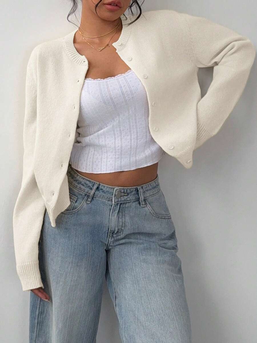 Pearl Button Front Round Neck Cropped Cardigan - view 4