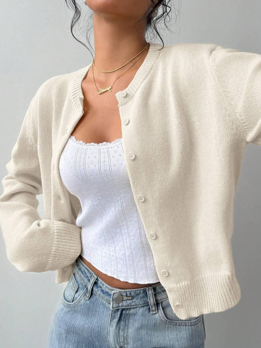 Aurora | Crew Neck Button-Front Cropped Knit Cardigan