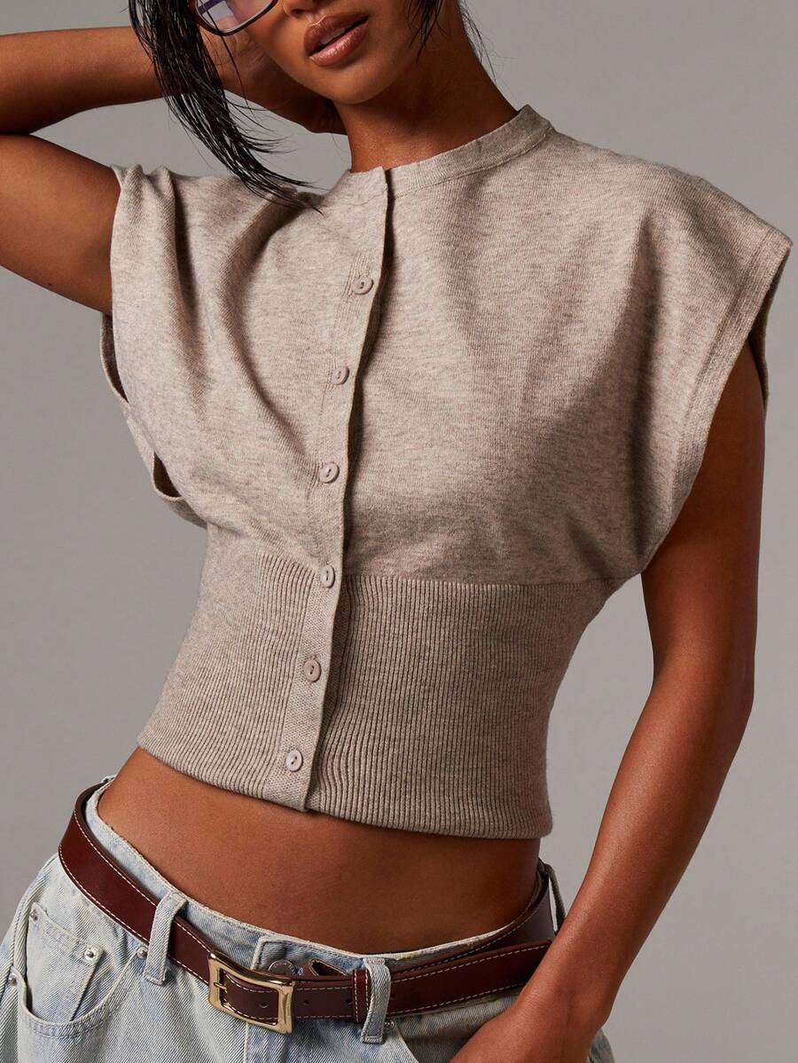 Grace Cropped Button Front Cap Sleeve Blouse - view 2