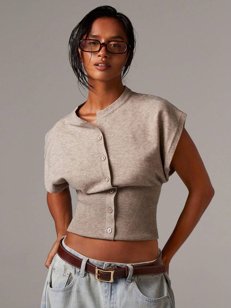 Grace Cropped Button Front Cap Sleeve Blouse - front view