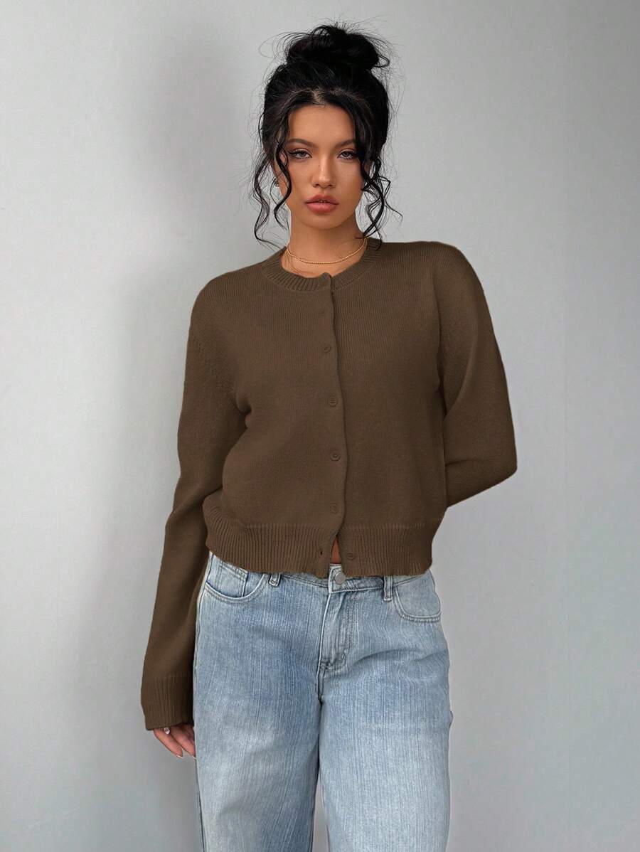 Aurora | Crew Neck Button-Front Cropped Knit Cardigan