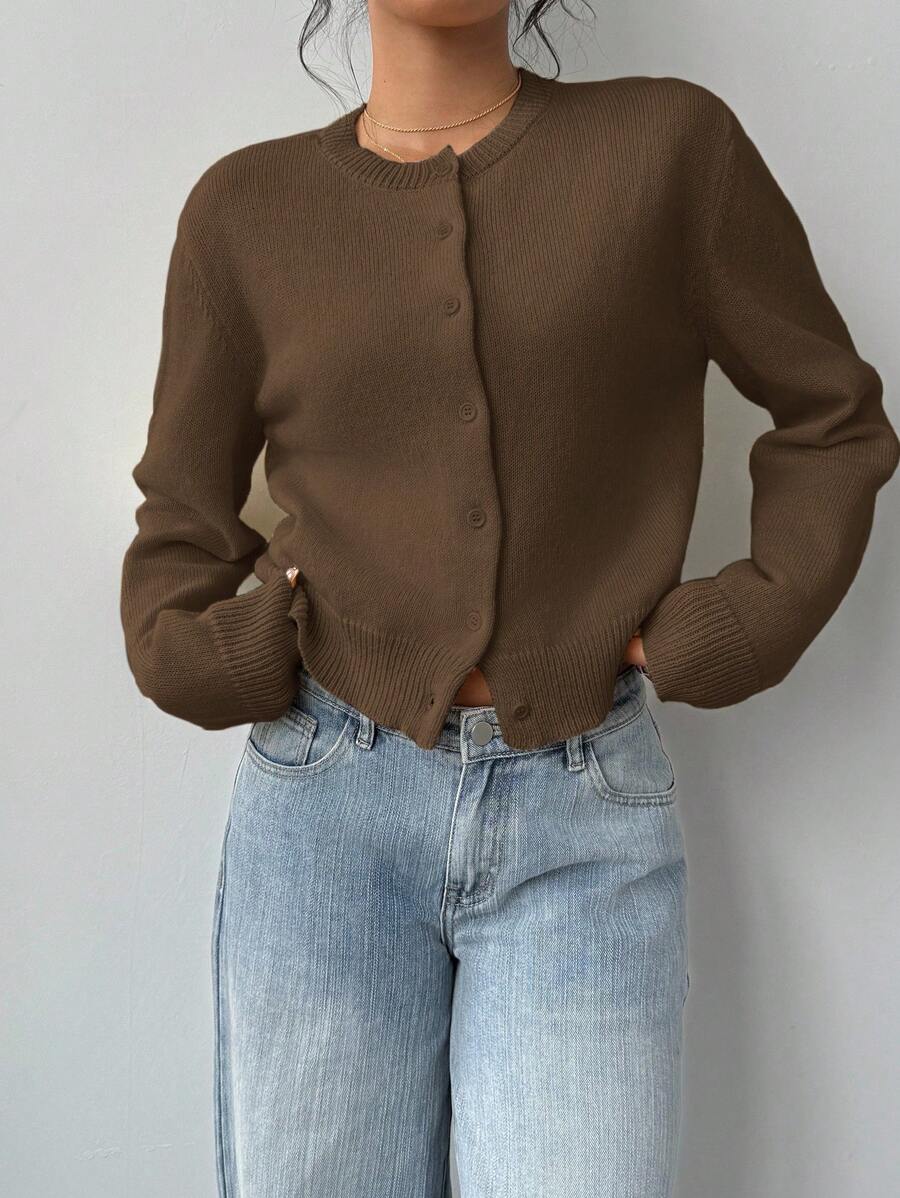 Aurora | Crew Neck Button-Front Cropped Knit Cardigan