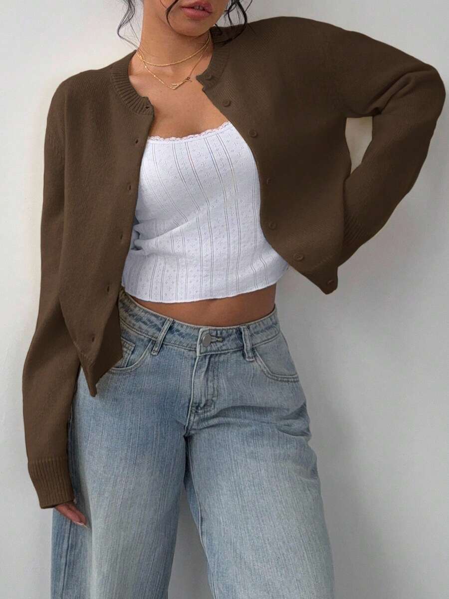 Aurora | Crew Neck Button-Front Cropped Knit Cardigan
