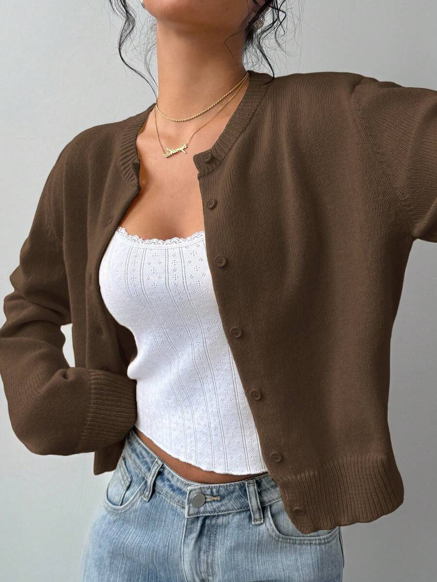 Aurora | Crew Neck Button-Front Cropped Knit Cardigan