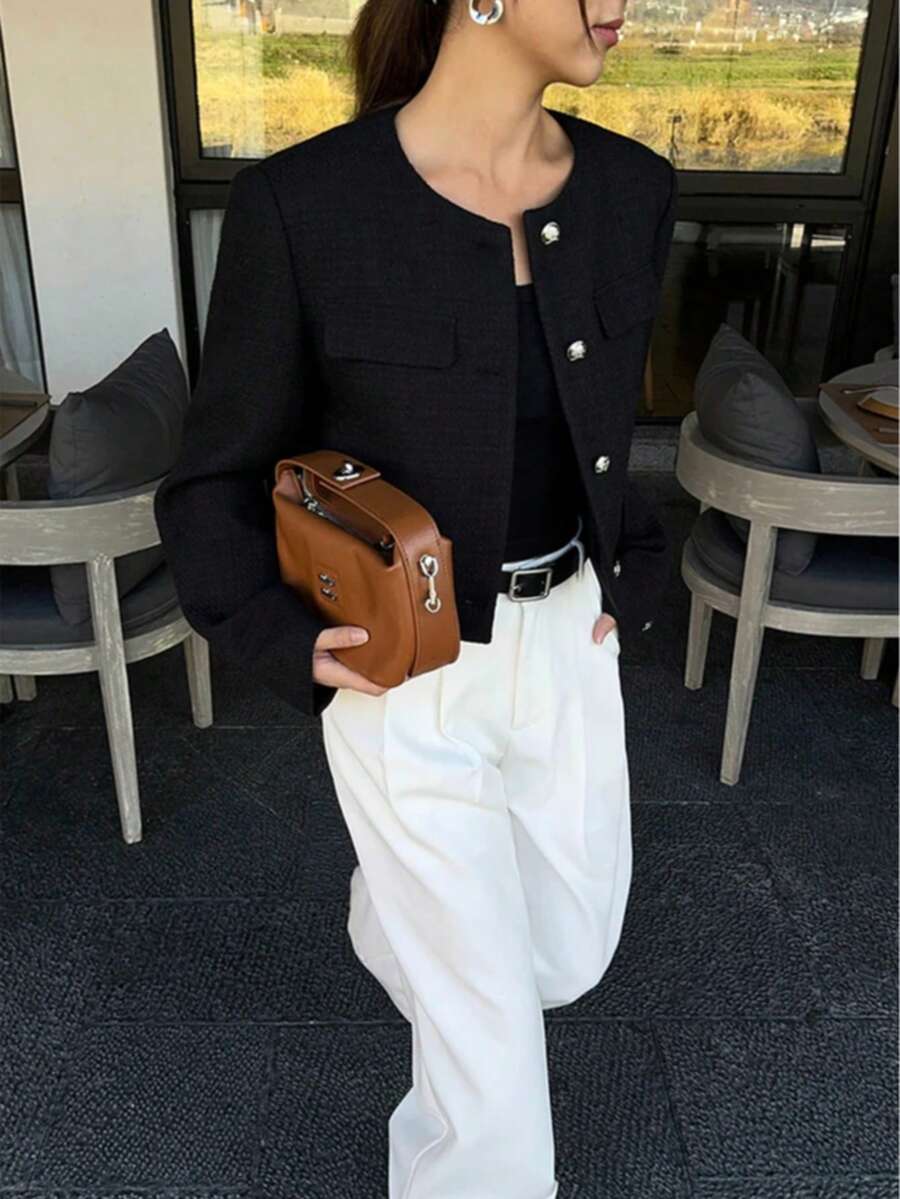 Sophia Textured Cropped Button Front Blazer - view 4