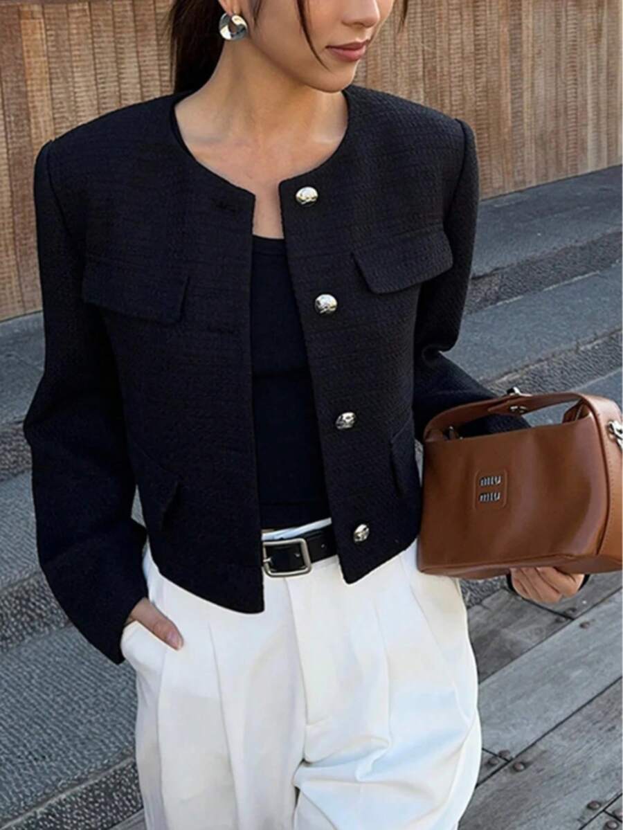 Sophia Textured Cropped Button Front Blazer - front view