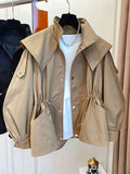 Lily Oversized Zip Front Drawstring Trench Coat - front view
