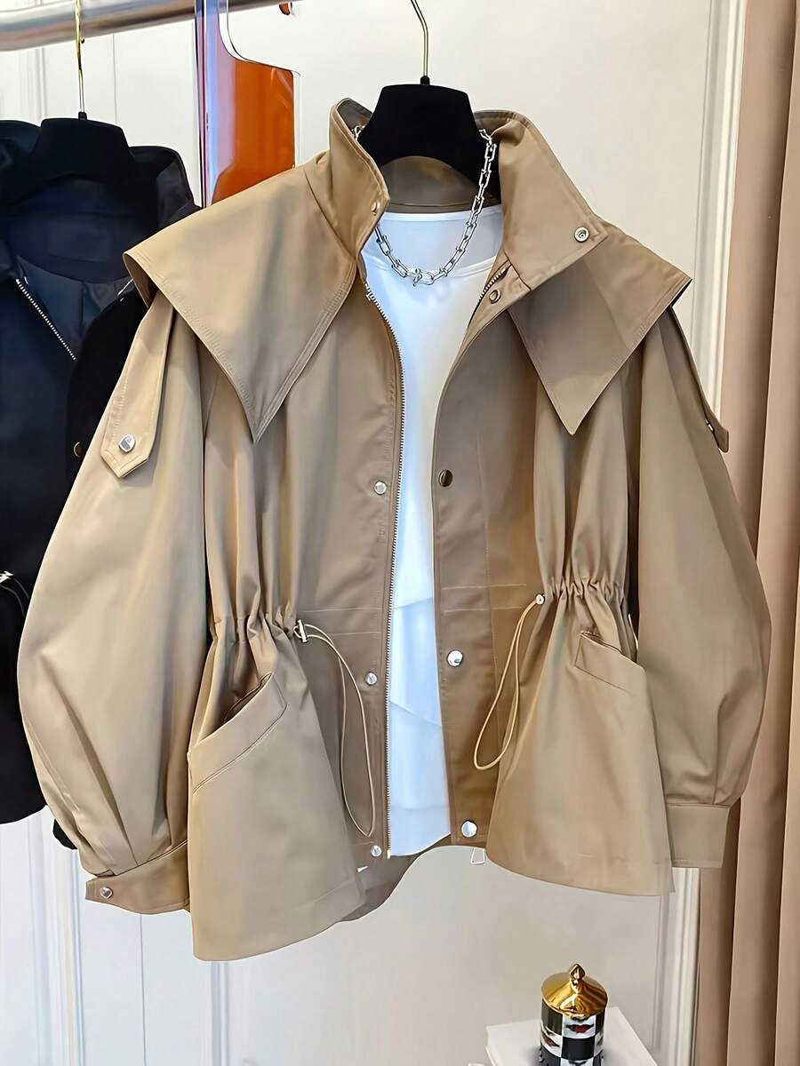 Lily Oversized Zip Front Drawstring Trench Coat - front view