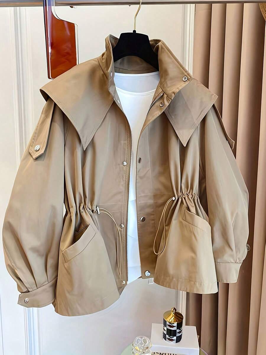 Lily Oversized Zip Front Drawstring Trench Coat - view 3