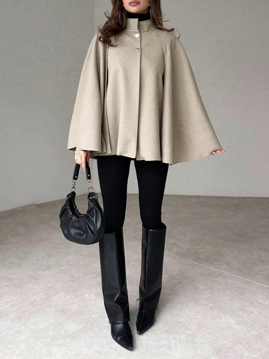 Tove Stand Collar Cape Sleeve Longline Overcoat - front view