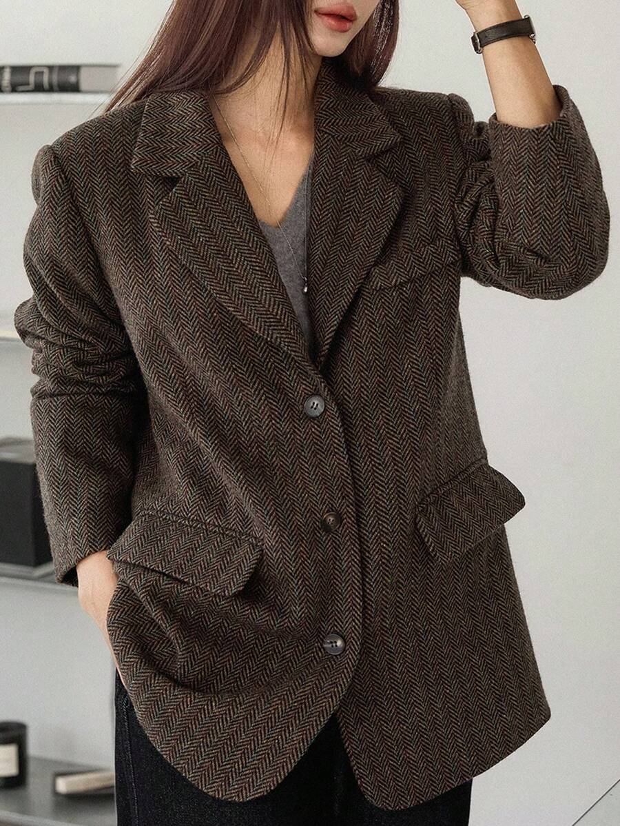 Ella Herringbone Single Breasted Notch Lapel Blazer - view 2