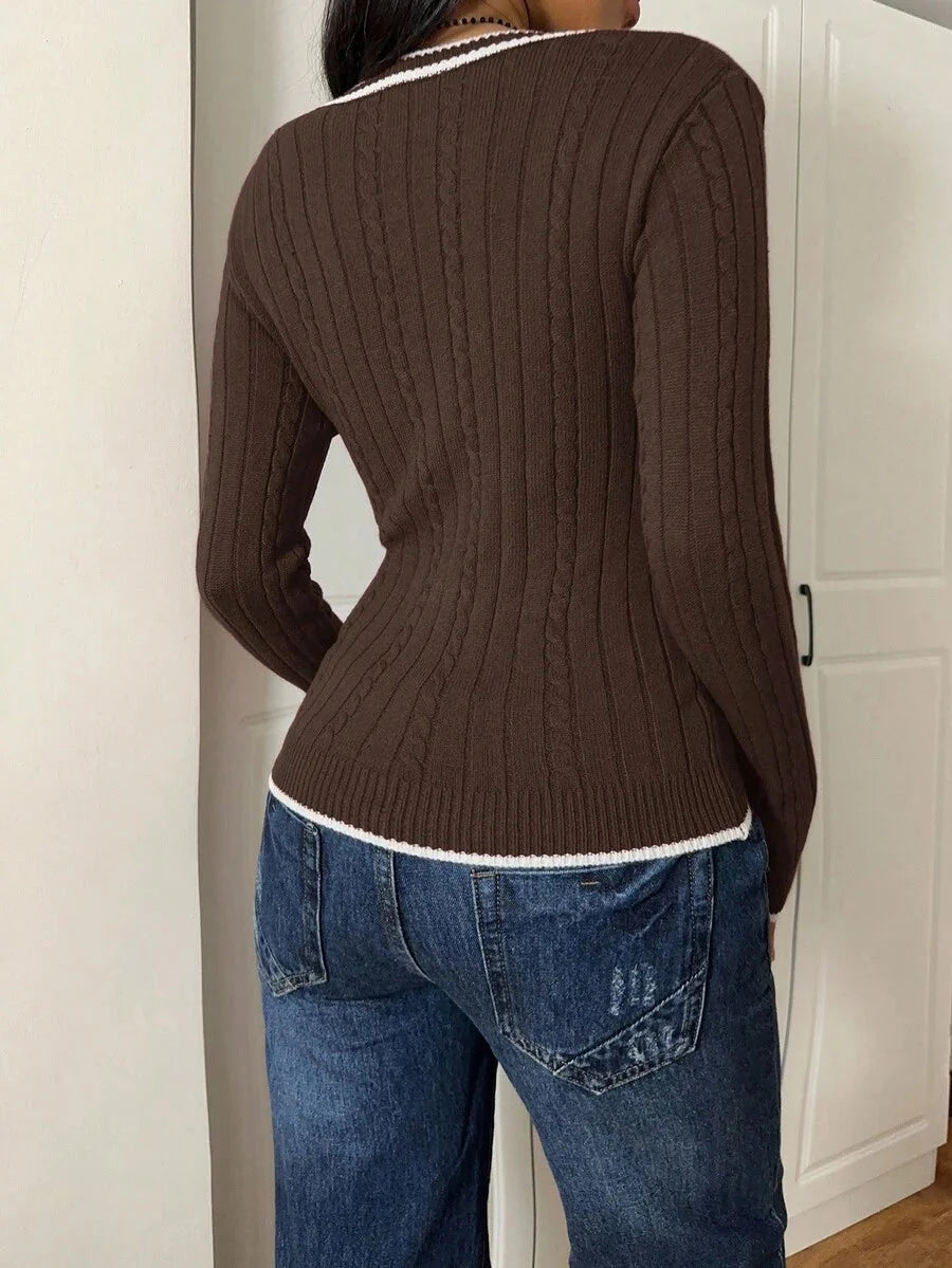 Edith Cable Knit Contrast Panel Sweater - view 2