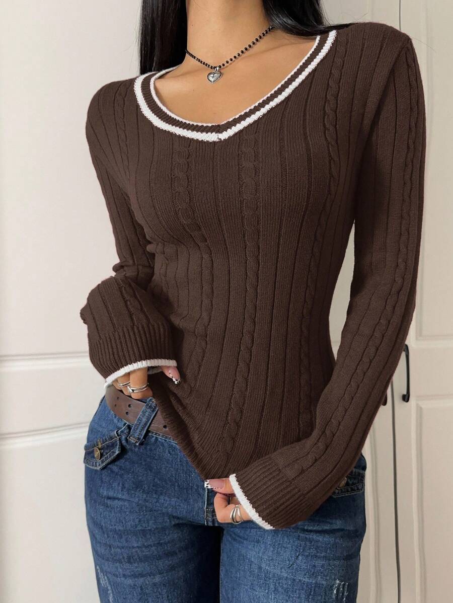 Edith Cable Knit Contrast Panel Sweater - view 6
