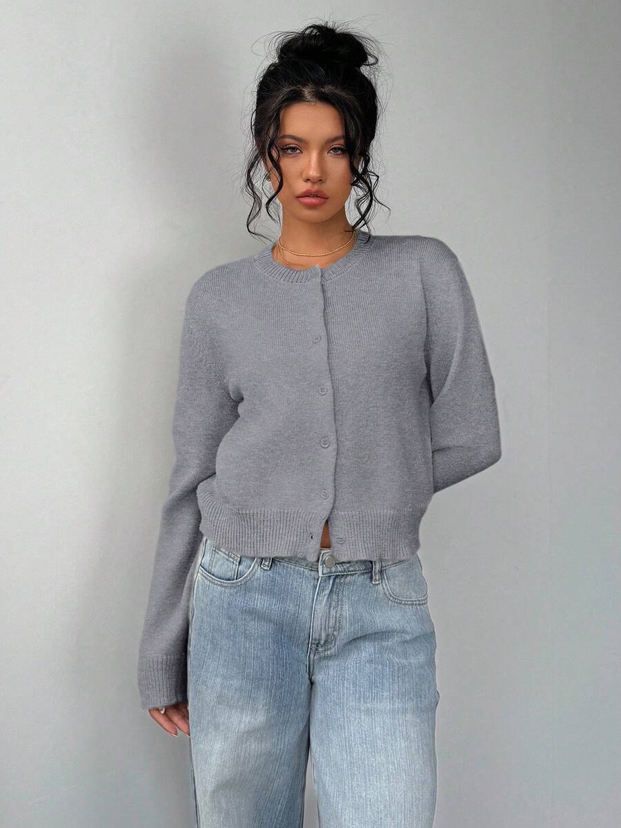 Aurora | Crew Neck Button-Front Cropped Knit Cardigan