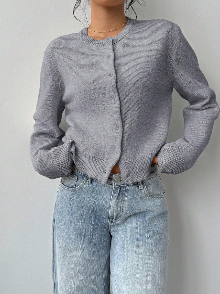 Aurora | Crew Neck Button-Front Cropped Knit Cardigan