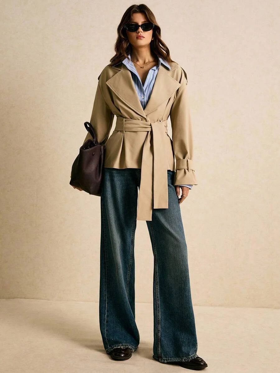 Penelope Belted Double Breasted Notch Lapel Trench Coat - front view