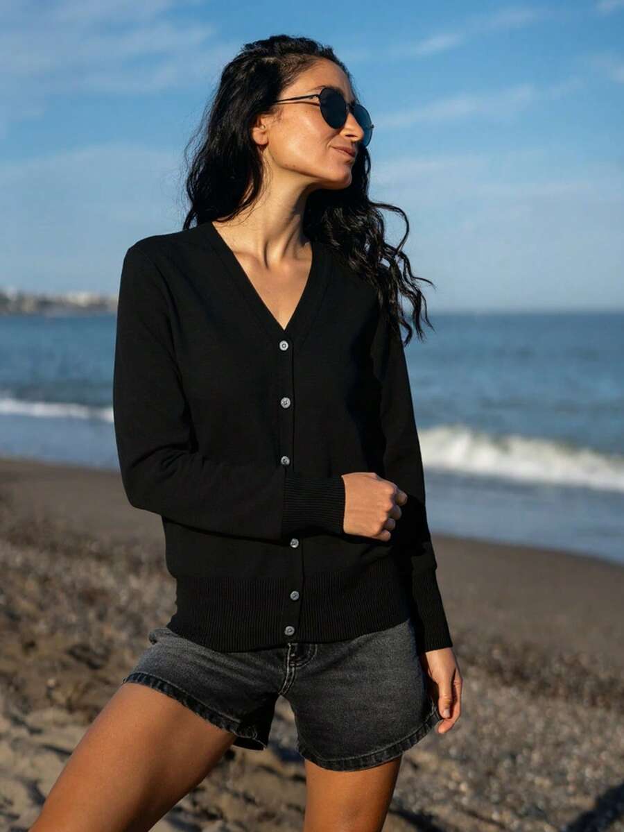 Ida Ribbed Button Front V Neck Cardigan - view 3