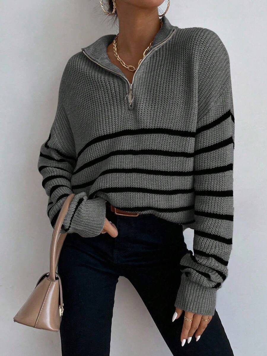 Grace Ribbed Striped Half Zip Collared Sweater - view 7
