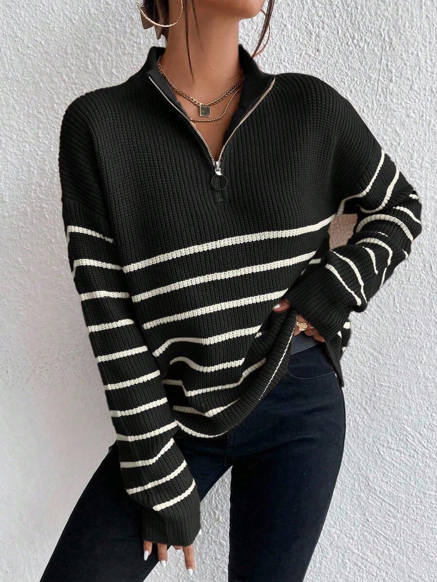 Grace Ribbed Striped Half Zip Collared Sweater - view 11