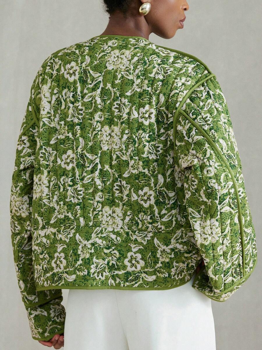 Rose Quilted Contrast Panel Floral Print Jacket - view 10
