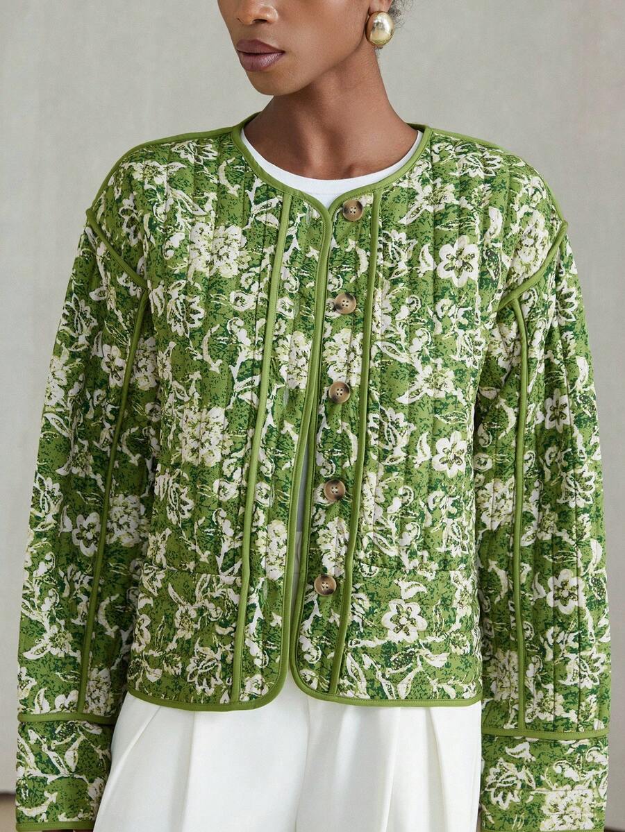 Rose Quilted Contrast Panel Floral Print Jacket - view 11